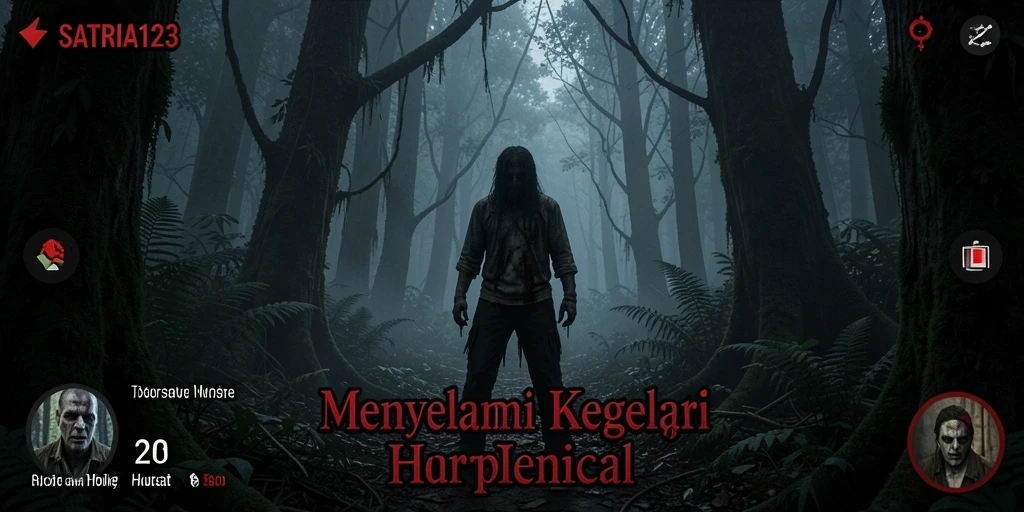 Tampilan antarmuka menegangkan dalam SATRIA123 yang menggambarkan suasana hutan angker.